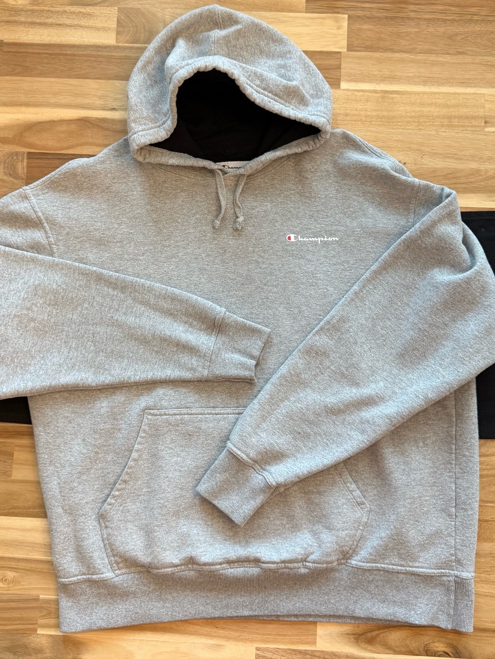 Champion Grey Hoodie with White Label and Red Accent